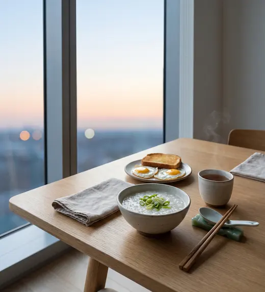Congee and tea on a table by a window at dawn